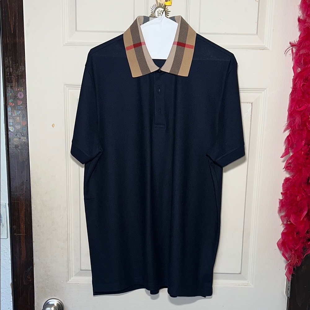 Burberry Men's Dark Blue Polo Shirt with Tan Plaid Collar